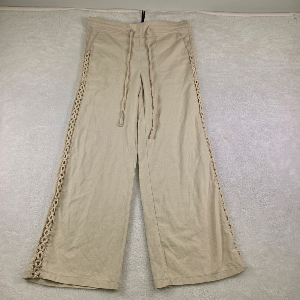 ChicMe Beige Wide Leg Crochet Side Inset Linen Blend Drawstring Pants Small